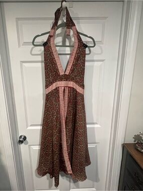 Olive Floral Halter Midi Dress with Pink Trim